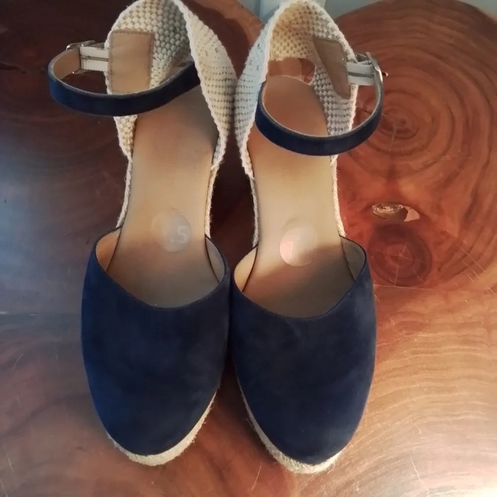 Paseart Navy Blue Suede Closed Toe Espadrille Wedge Shoes - 38/7.5